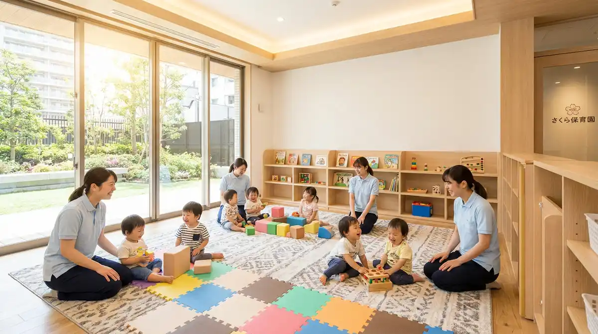 マンション内託児ルームで複数の子どもと保育士が過ごす様子